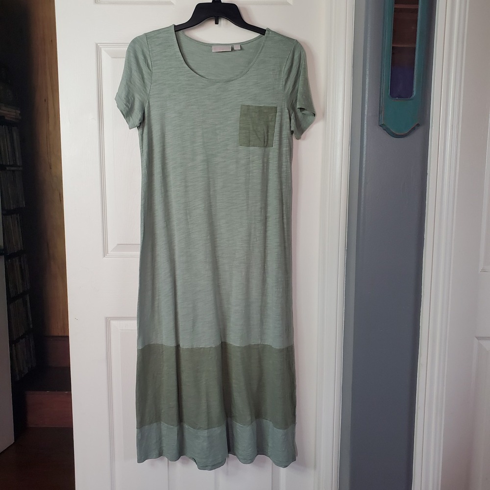 Kim Gravel Colorblock Midi Dress Pullover Olive Green Short Sleeves Minimalist M
